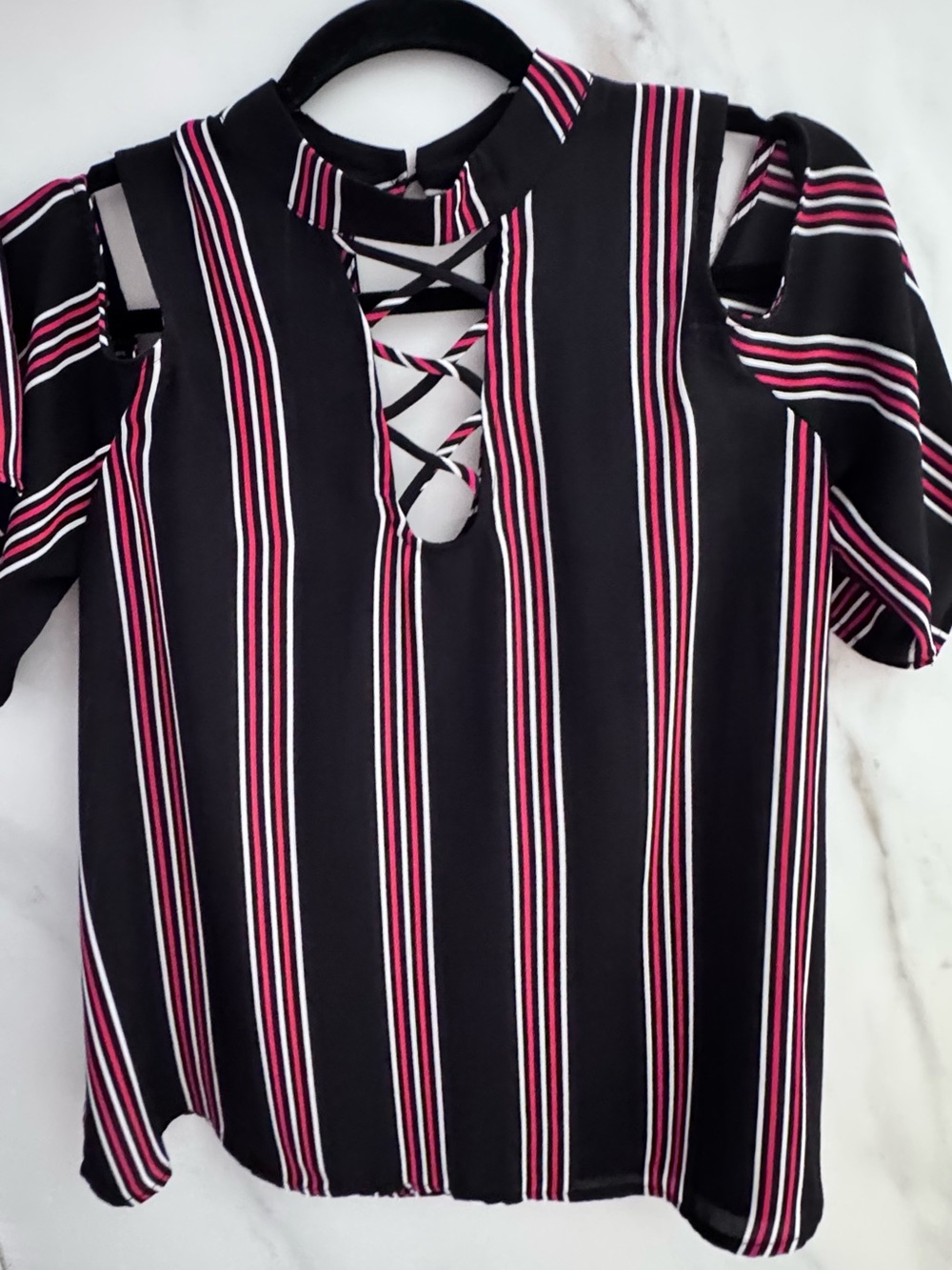 Striped Cold-Shoulder Lace-Up Women’s Top - Black with Pink & White Stripes